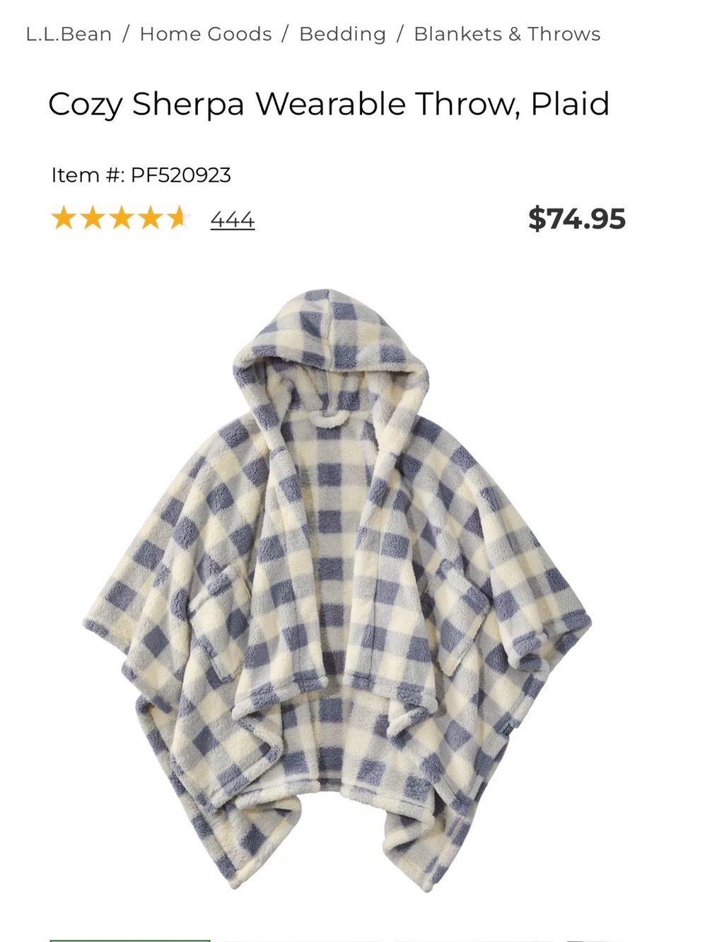 L.L. Bean Hooded Sherpa Wearable Cape in Cream and Blue Plaid